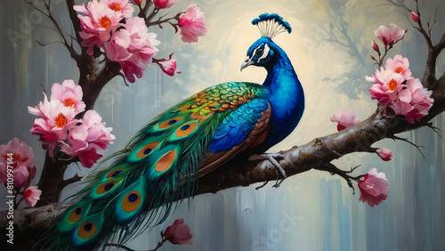 Multicolor 3D oil painting of a peacock sitting on the branch of tree with flowers and butterfly's Acrylic drawing art. A piece of art. oil painting