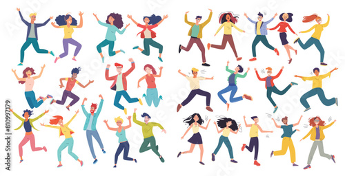 Faceless dancing human pack in flat style. Excited student characters, joyful teenagers, and joyful people jumped together in a happy jumping group.