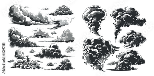 Set of cartoon smoke clouds, dust, smog, and steaming clouds isolated.