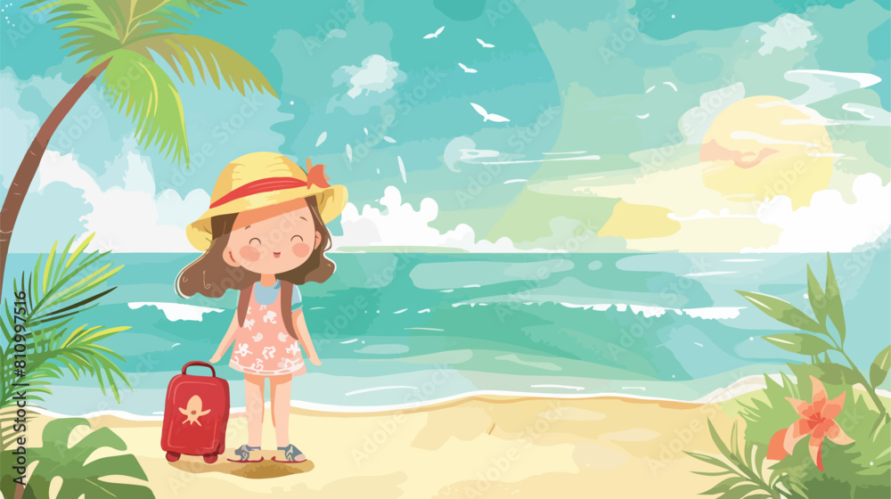 traveller little girl enjoying on the Beach Vector style