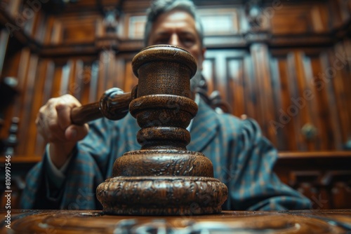 Close-up of a judge's gavel in courtroom, focusing on the concept of law, justice and judicial system in a legal environment