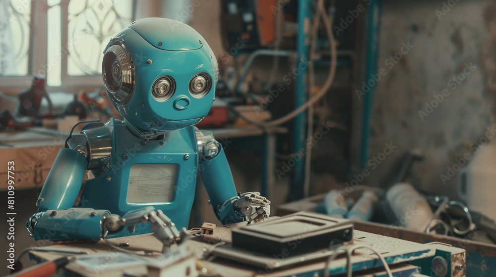A blue robot is sitting at a desk with a computer. The robot is wearing a blue suit and has a blue face. The robot appears to be working on a computer, possibly typing or using a mouse