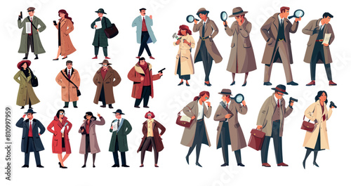 Male and female detectives investigate crime and search for evidence. Modern illustration set.