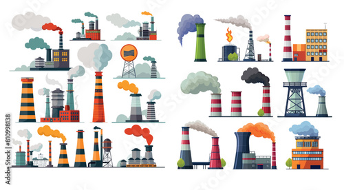 Modern illustration icons set of industrial chimneys. Plants emitting dirty smog, air pollution.