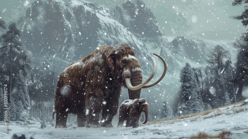 Mammoth walking in snow field in freezing winter. photo