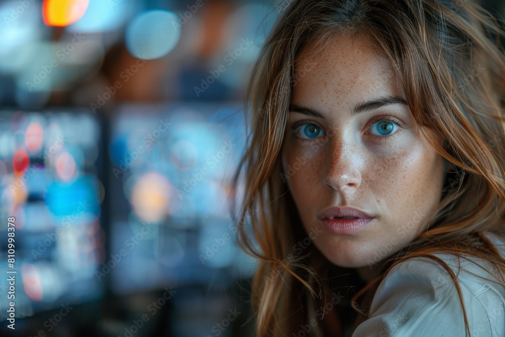 A detailed portrait showcasing a woman with captivating blue eyes, freckles, and a blurred background with bokeh lights