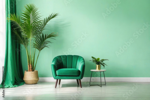 Green color living room empty a green single chair and a beautiful lush green palm tree background