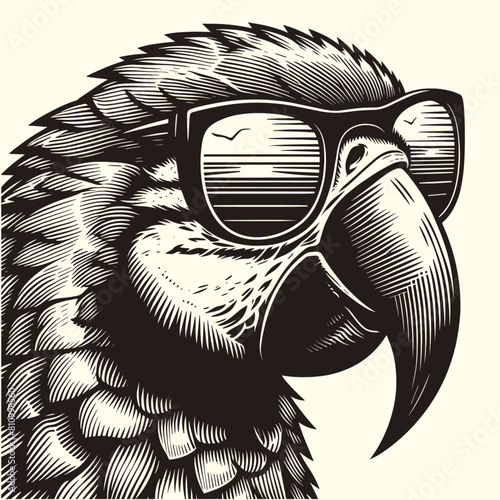 cool parrot in sunglasses vintage portrait sketch