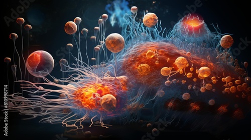 Scientific image of stem cells under a microscope, showing pluripotency and various differentiation pathways, with digital enhancement