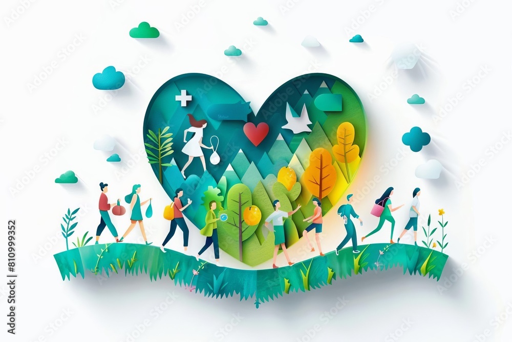 People Engaging in Wellness Activities in Heart, modern look with vibrant colors and images of healthy lifestyles, perfect