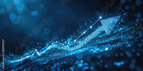 Futuristic illustration, arrow raising, showing growth, bright blue background.