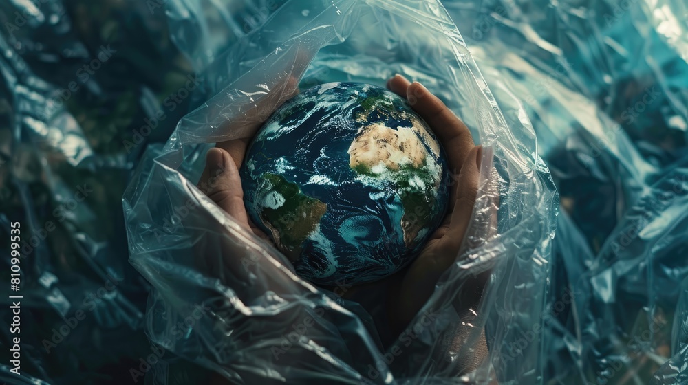Obraz premium On World Environment Day a powerful image emerges a person gripping the Earth tightly inside a plastic bag leaving room for a poignant message in this space reserved for social advertising