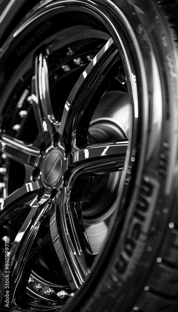 Detailed close ups of car wheels and rims displaying intricate designs and shiny finishes