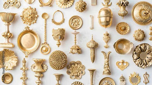 Shiny gold trinkets arranged elegantly on a white background, exuding richness and grandeur. photo