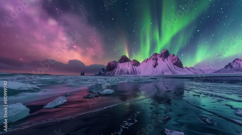 Beautiful aurora northern lights in night sky with snow mountain forest in winter.