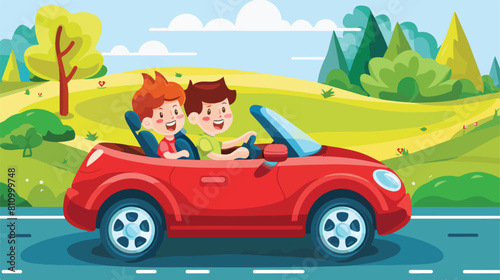 two child learns to drive the car Vector style 