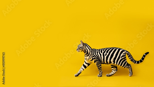 un chat qui ressemble à un zèbre, fond jaune photo