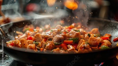 asian stir-fry recipe, stir-fried chicken and bell peppers with noodles in a sizzling wok, a classic chinese dish thats a crowd favorite