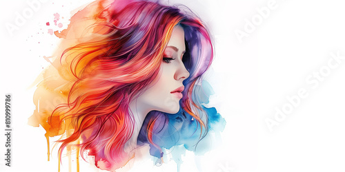 Watercolor portrait of a girl in profile. Lush hairstyle  hair in bright colors  watercolor illustration. Copy space.