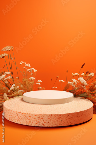 Empty concrete podium with dry plant and beautiful shadows on orange background. Platform for presentation for cosmetics and perfumes. Trending concept in natural materials