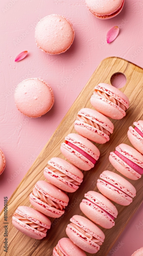 Fototapeta premium Macaroons sandwich cream sweet snack dessert on wooden board