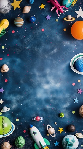 Flatlay mockup with space-themed party supplies on the border with a blank center on a minimalistic background realistic.