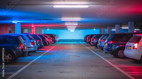 Neon lit underground car park with fluorescent signage composite images of parked cars
