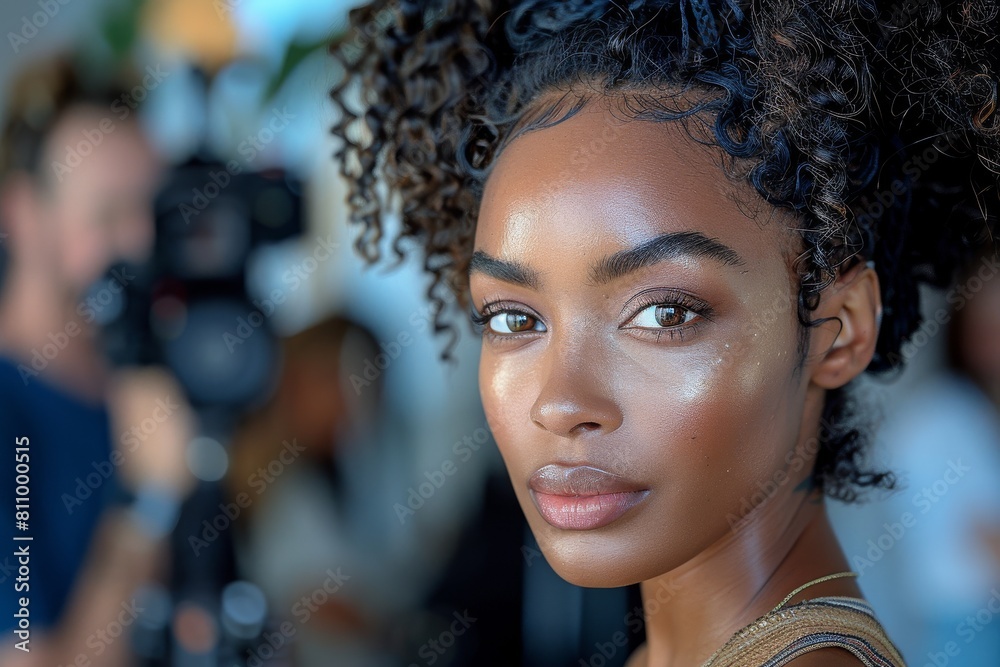 Detailed shot of a model's face intensifies her profound stare among professional cameras Detailed shot of a model's face intensifies her profound stare among professional cameras