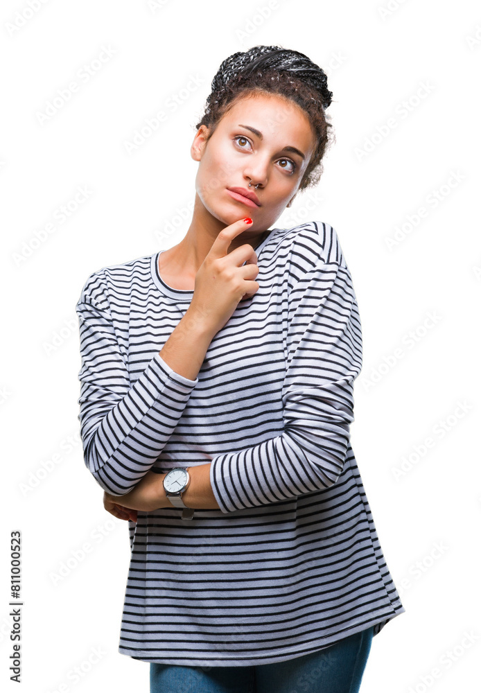 Young braided hair african american girl wearing sweater over isolated background looking confident at the camera with smile with crossed arms and hand raised on chin. Thinking positive. Young braided hair african american girl wearing sweater over isolated background looking confident at the camera with smile with crossed arms and hand raised on chin. Thinking positive.
