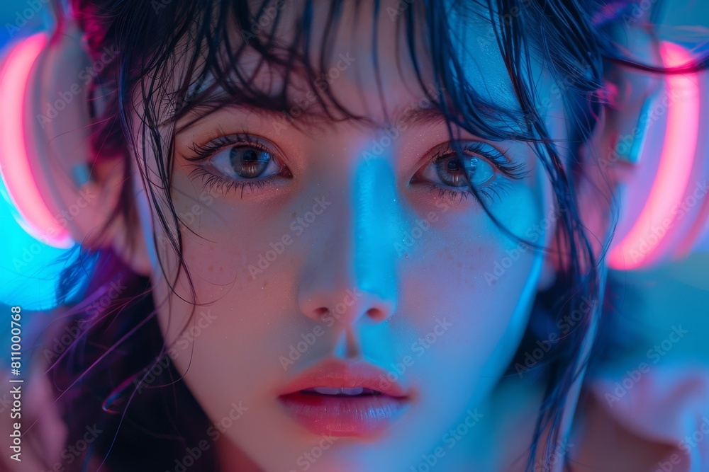 Close-up of a young woman’s face with striking blue and pink neon reflections, highlighting her intense gaze and wet hair Close-up of a young woman’s face with striking blue and pink neon reflections, highlighting her intense gaze and wet hair