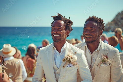 A handsome, joyful pair of grooms stand side by side in white suits at a sunny seaside wedding celebration photo
