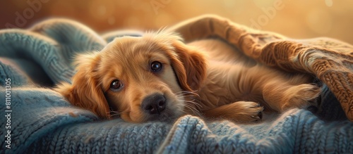 Golden Retriever Puppy on Cozy Blanket 🐶 Adorable Romp with Fluffy Fur and Vibrant Colors Art photo