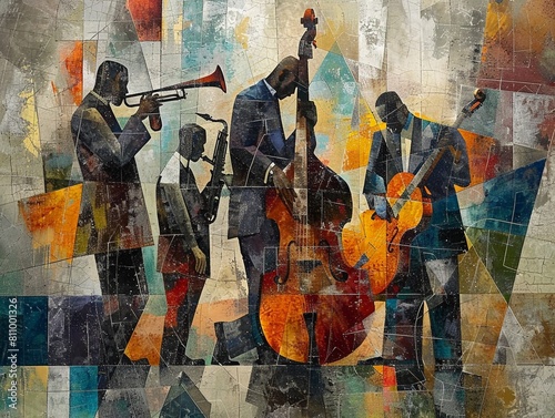 Jazz  Cubism A fragmented image of a jazz band playing, with multiple perspectives and geometric shapes capturing the improvisational spirit of the music