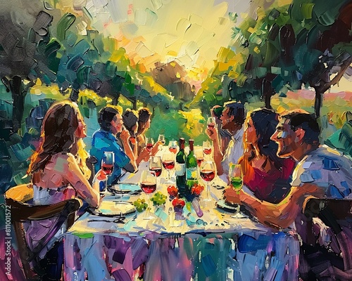 Wine Tasting Impressionism A group of people enjoying wine at a vineyard, depicted with loose brushstrokes and a focus on the atmosphere and sensory experience of wine tasting