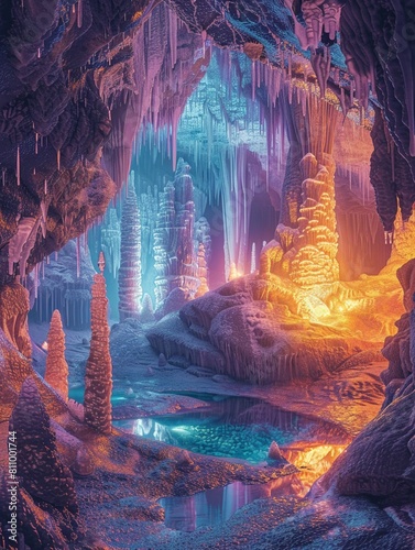 Cave Formations Surrealism The interior of a cave with stalactites and stalagmites, depicted in a surreal and dreamlike style with glowing colors and fantastical formations