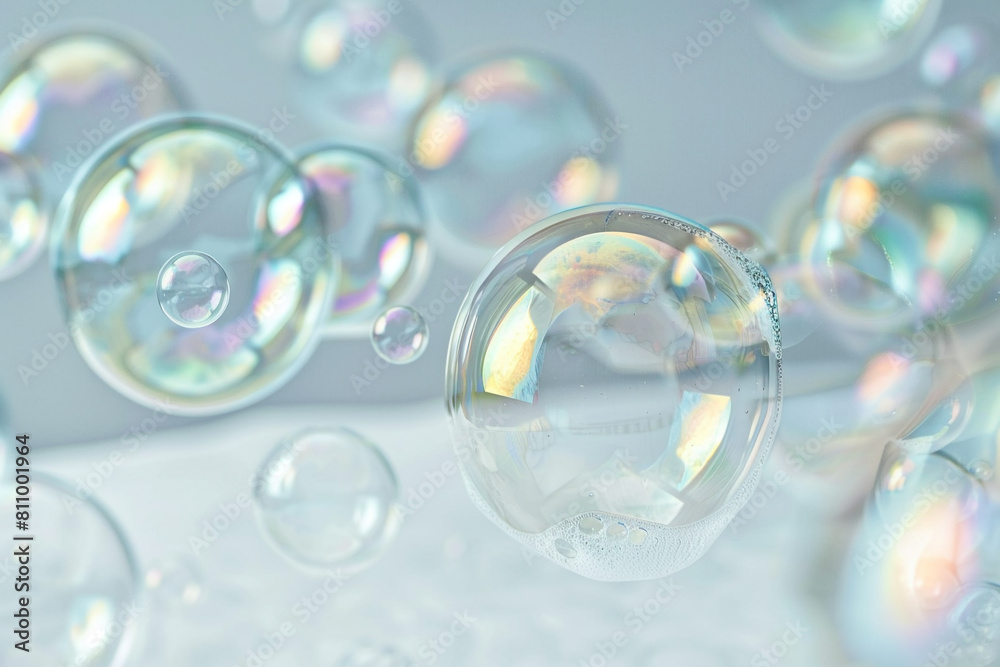 Macro view of soap bubbles floating on a surface, super realistic Macro view of soap bubbles floating on a surface, super realistic