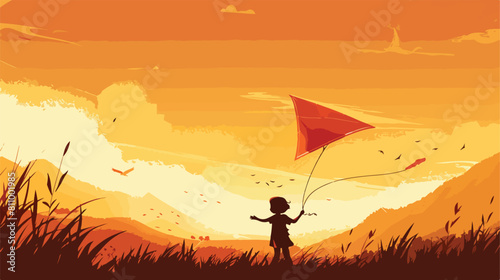 Vector illustration of kid playing kite Vector style