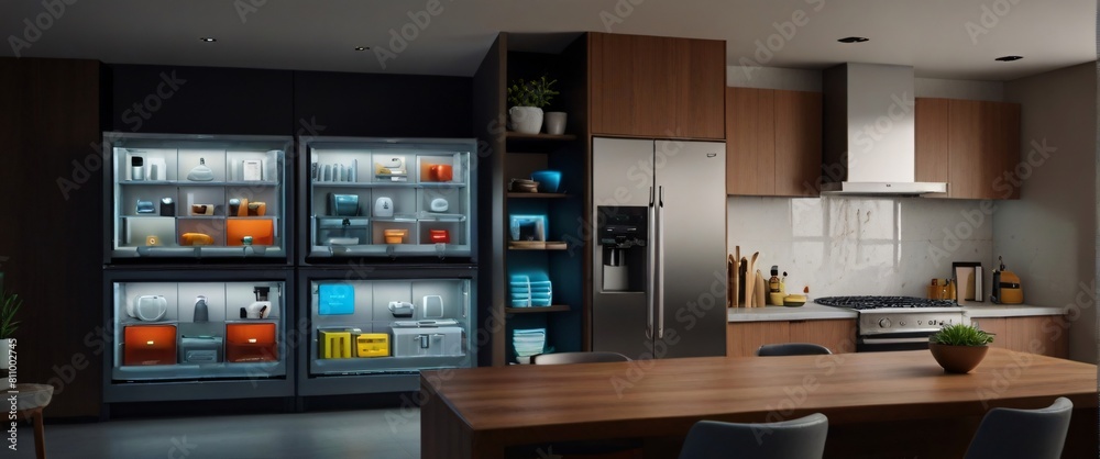 Showcase the power of the Internet of Things with a visually stunning image of a smart home filled with various connected devices and appliances AI, such as smart refrigerators, coffee makers