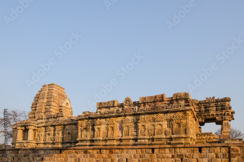 Devakoshthas and scenes from Ramayana carved on the wall, Papanatha Temple, Pattadakal, Karnataka, India.