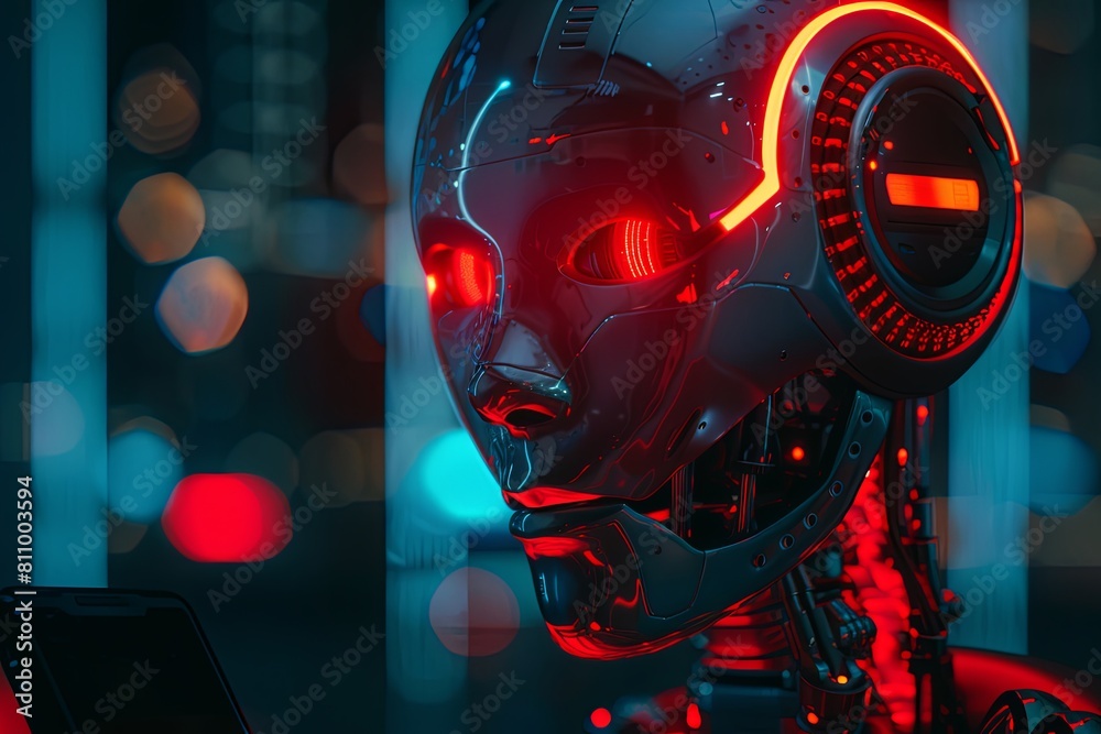 A robot with glowing eyes and a red light on its face, likely displaying information or status, designed by andrewz AI chat bot. Generative AI A robot with glowing eyes and a red light on its face, likely displaying information or status, designed by andrewz AI chat bot. Generative AI