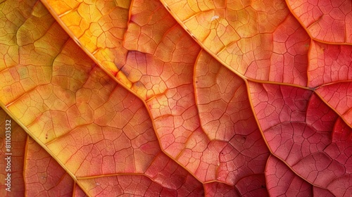 The image is a close-up of a leaf with vibrant red  orange  and yellow veins
