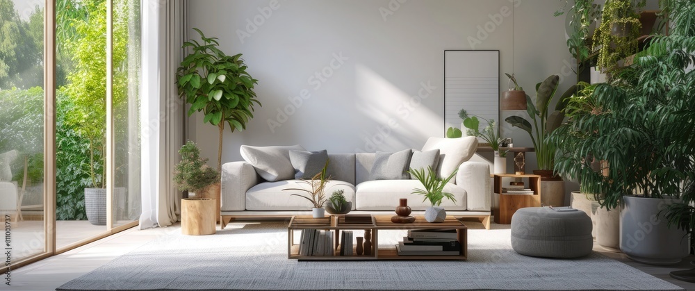 Fototapeta premium Serene Living Room with Ivory White Walls and Grey Furniture 🌿 Natural Wood Accents and Large Window with Garden View for a Peaceful and Elegant Atmosphere
