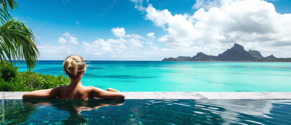 Back view of young woman,girl, female having a rest at the swimming pool at the hotel, spa, resort. Ocean view. Tropical vacation concept. Generative ai