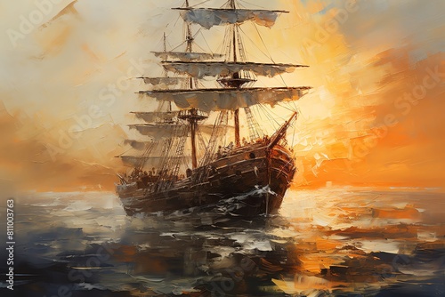 The ship is sailing on the sea. The sky is orange and the sun is setting. The ship is made of wood and has three masts. The sails are white and are billowing in the wind.
