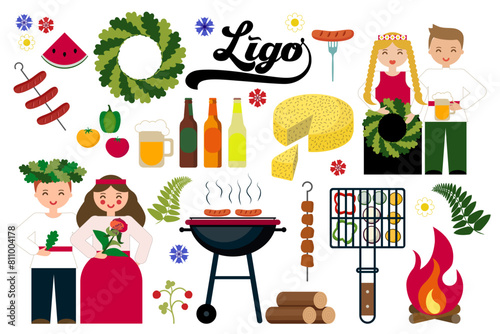 Ligo party picnic set vector illustration, Ligo lettering vector art. Latvian traditional Ligo holiday celebration, fire place, barbecue, food, ligo cheese and beer, cider