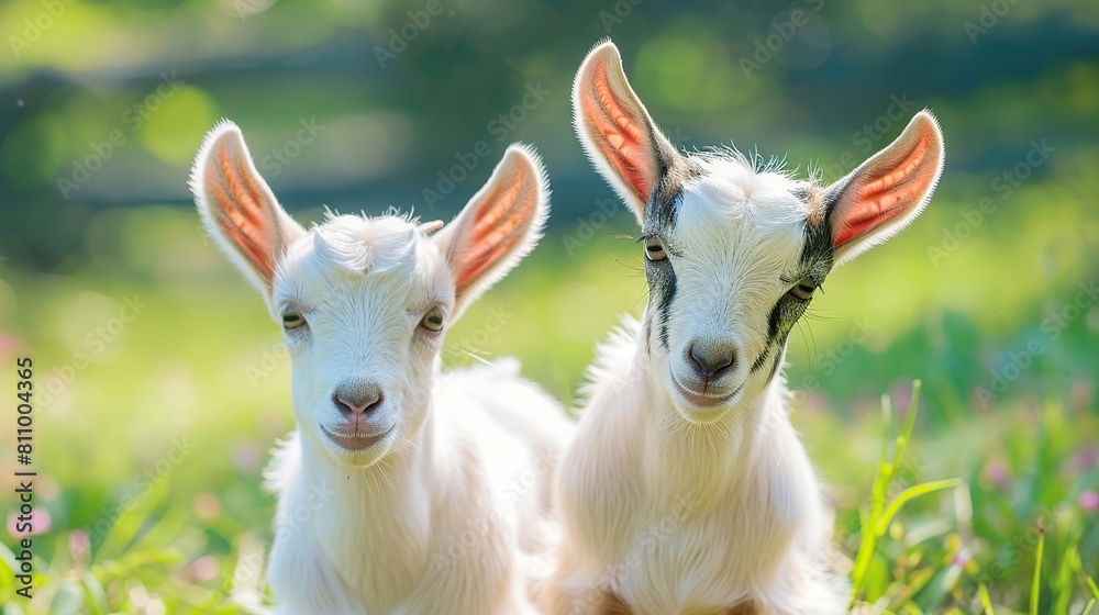 Two little goat babies in summer. Farm animals. Generative Ai Two little goat babies in summer. Farm animals. Generative Ai