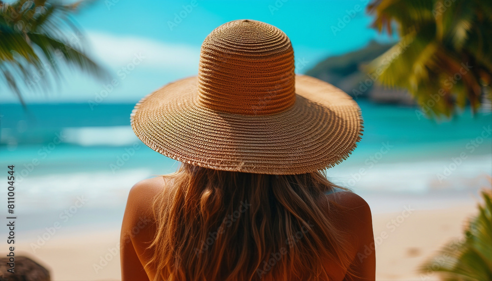 Rear view of a woman wearing a straw hat, looking at a serene tropical beach