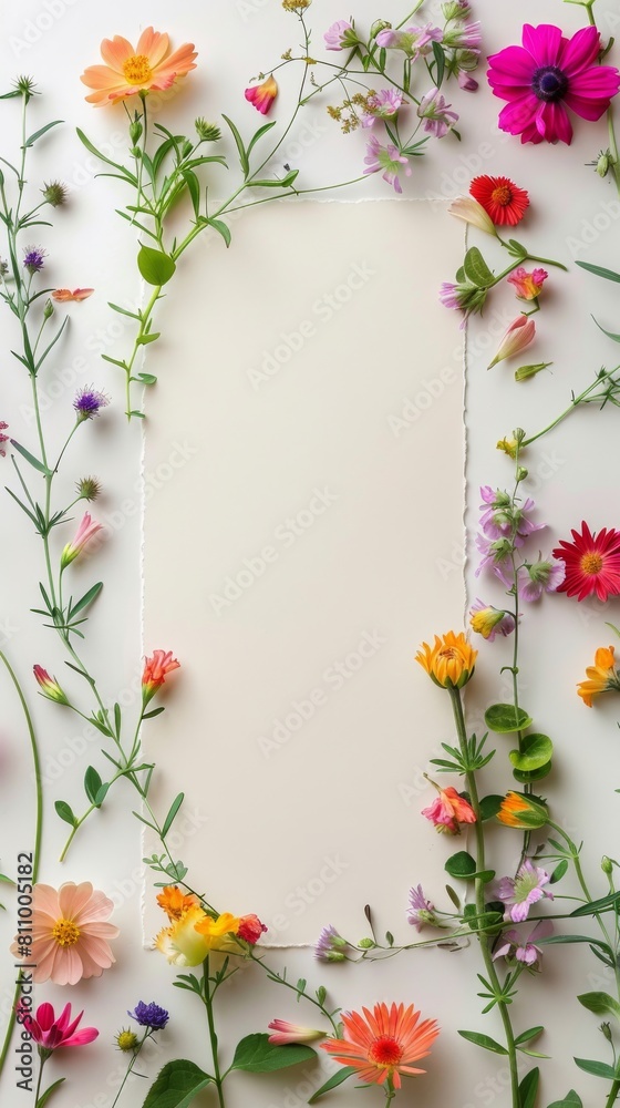 A lot of beautiful fresh wildflowers laying on the bright background with the empty space in the center. Space for text.