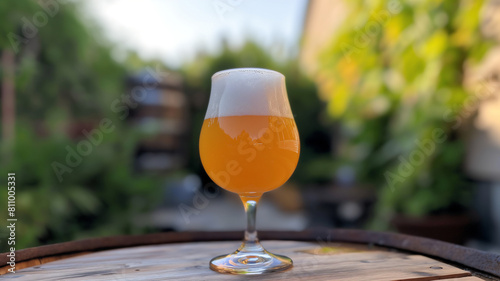 A glass of frothy  amber-colored beer sits on a wooden surface  with a blurred green garden in the background.