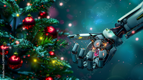 A robot hand holding a Christmas tree. The robot is surrounded by a blurry Christmas tree and a blurry cityscape. Concept of wonder and excitement for the holiday season